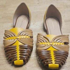 Anthropologie Yellow and Brown Cutout Leather Flats